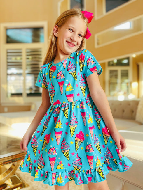 Girls Bright Ice Cream Dress with Matching Bow - Bowtism